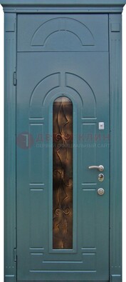 Синяя входная дверь Винорит стекло и ковка с фрамугой ДФГ-32 в Лосино-Петровсом
