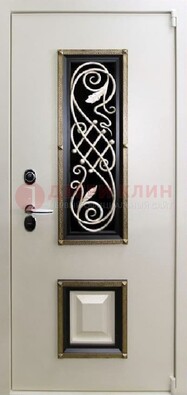 Белая стальная дверь с ковкой со стеклопакетом и МДФ ДК-30 в Лосино-Петровсом