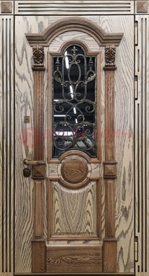 Железная дверь с массивом дуба со стеклом и ковкой ДМД-47 в Лосино-Петровсом