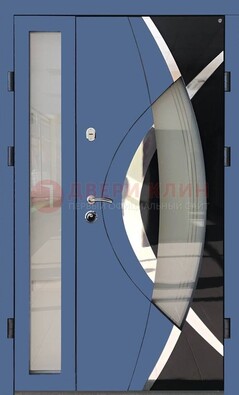 Синяя металлическая дверь со стеклом и узором ДС-13 в Лосино-Петровсом