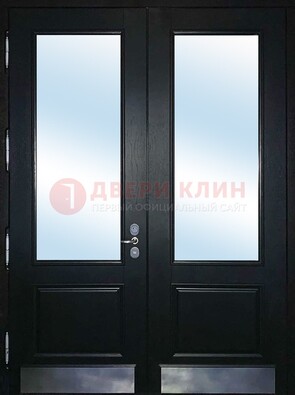 Черная двухстворчатая металлическая дверь со стеклом ДС-25 в Лосино-Петровсом