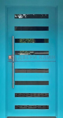 Голубая уличная дверь с МДФ панелью и стеклом ДС-51 в Лосино-Петровсом