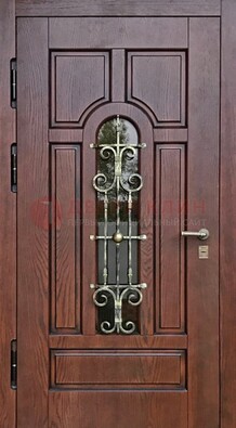 Cтальная дверь со стеклом и ковкой в коричневом цвете ДСК-119 в Лосино-Петровсом