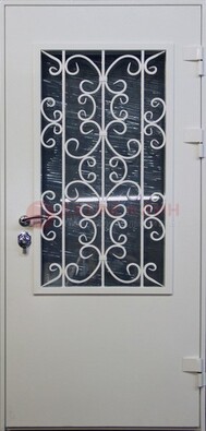 Простая железная дверь со стеклом и ковкой ДСК-11 в Лосино-Петровсом