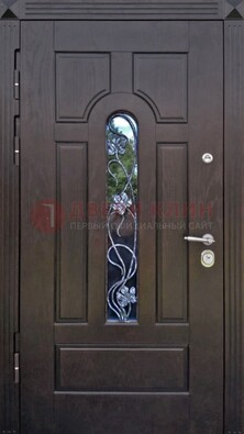 Металлическая дверь со стеклом и ковкой в цвете венге ДСК-142 в Лосино-Петровсом