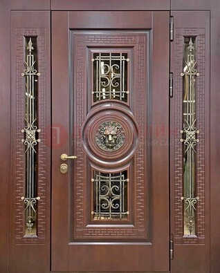 Коричневая стальная дверь со стеклом и ковкой ДСК-147 с фрамугами в Лосино-Петровсом