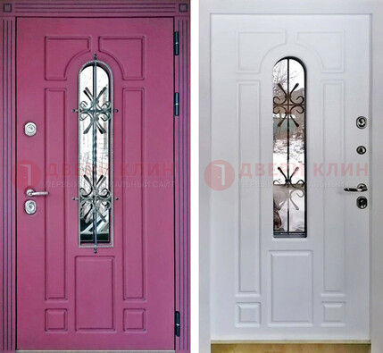 Розовая металлическая дверь со стеклом и ковкой ДСК-151 в Лосино-Петровсом