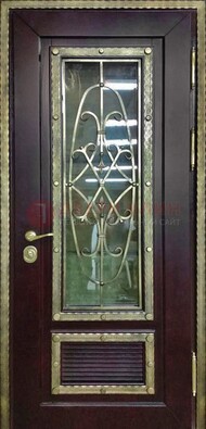Темная уличная дверь порошок со стеклом и ковкой ДСК-167 в Лосино-Петровсом