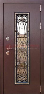 Коричневая стальная дверь порошок со стеклом и ковкой для дома ДСК-169 в Климовске