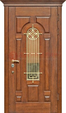 Коричневая железная дверь винорит со стеклом и ковкой ДСК-189 в Лосино-Петровсом
