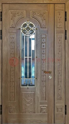 Полуторная стальная дверь стекло с ковкой и узором ДСК-200 в Лосино-Петровсом