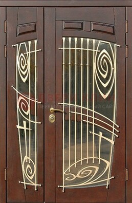 Коричневая железная дверь с большим стеклом и ковкой ДСК-203 в Лосино-Петровсом