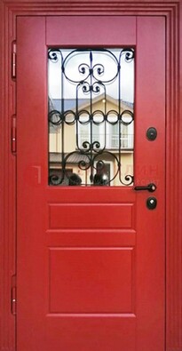Красная железная дверь Винорит со стеклом и ковкой ДСК-205 в Лосино-Петровсом