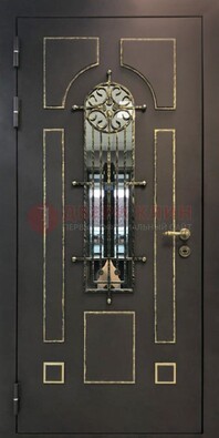 Темная входная дверь Винорит со стеклом и ковкой ДСК-211 в Лосино-Петровсом