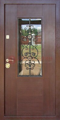 Входная дверь Винорит со стеклом и ковкой в коричневом цвете ДСК-212 в Лосино-Петровсом