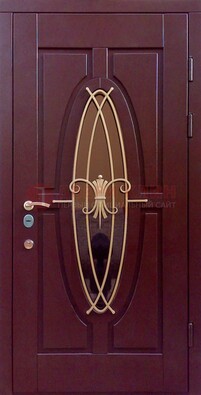 Бордовая стальная дверь Винорит со стеклом и ковкой ДСК-263 в Лосино-Петровсом