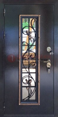 Железная дверь с порошковым напылением стеклом и ковкой ДСК-279 в Лосино-Петровсом