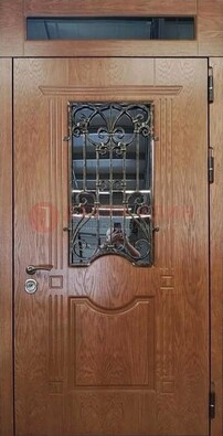 Металлическая входная дверь со стеклом и ковкой для дома ДСК-96 в Лосино-Петровсом