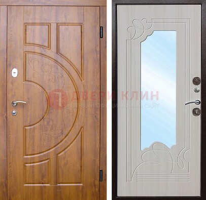 Коричневая металлическая дверь c МДФ с узором и зеркалом ДЗ-105 в Лосино-Петровсом