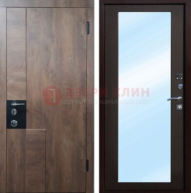 Коричневая металлическая дверь c МДФ с зеркалом ДЗ-106 в Лосино-Петровсом