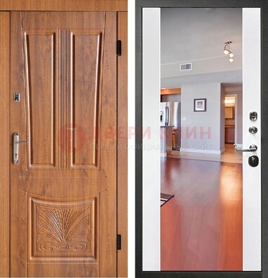 Входная коричневая дверь терморазрыв c виноритом и белая МДФ c зеркалом ДЗ-123 в Лосино-Петровсом