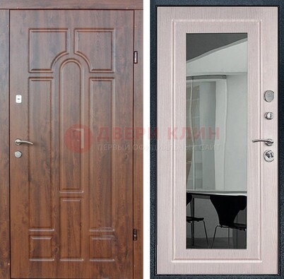 Входная коричневая дверь с МДФ Белый дуб и зеркалом ДЗ-126 в Омске