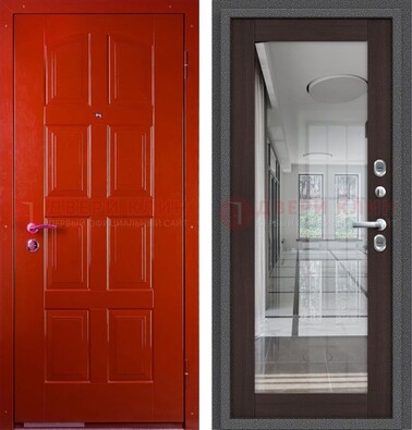 Красная металлическая дверь с МДФ и зеркалом ДЗ-136 в Лосино-Петровсом