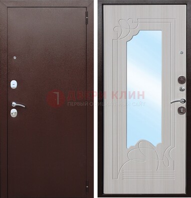 Коричневая металлическая дверь с зеркалом МДФ внутри ДЗ-33 в Лосино-Петровсом