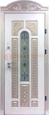 Белая железная дверь с МДФ и витражом ВЖ-26 в Лосино-Петровсом