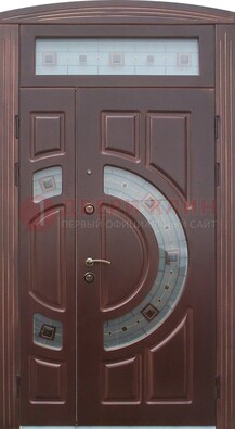Коричневая двухстворчатая железная дверь с МДФ и витражом ВЖ-29 в Лосино-Петровсом