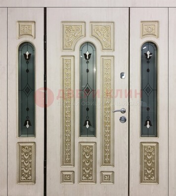 Светлая железная дверь с МДФ и витражом ВЖ-34 в Лосино-Петровсом
