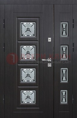 Чёрная двухстворчатая железная дверь с МДФ и витражом ВЖ-35 в Лосино-Петровсом
