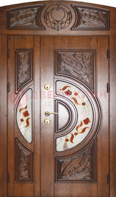 Коричневая двухстворчатая железная дверь с МДФ и витражом ВЖ-37 в Лосино-Петровсом