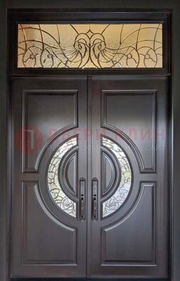 Чёрная двухстворчатая железная дверь с МДФ и витражом ВЖ-38 в Лосино-Петровсом