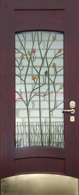 Бордовая стальная дверь с витражом и декоративным элементом ВЖ-3 в Лосино-Петровсом